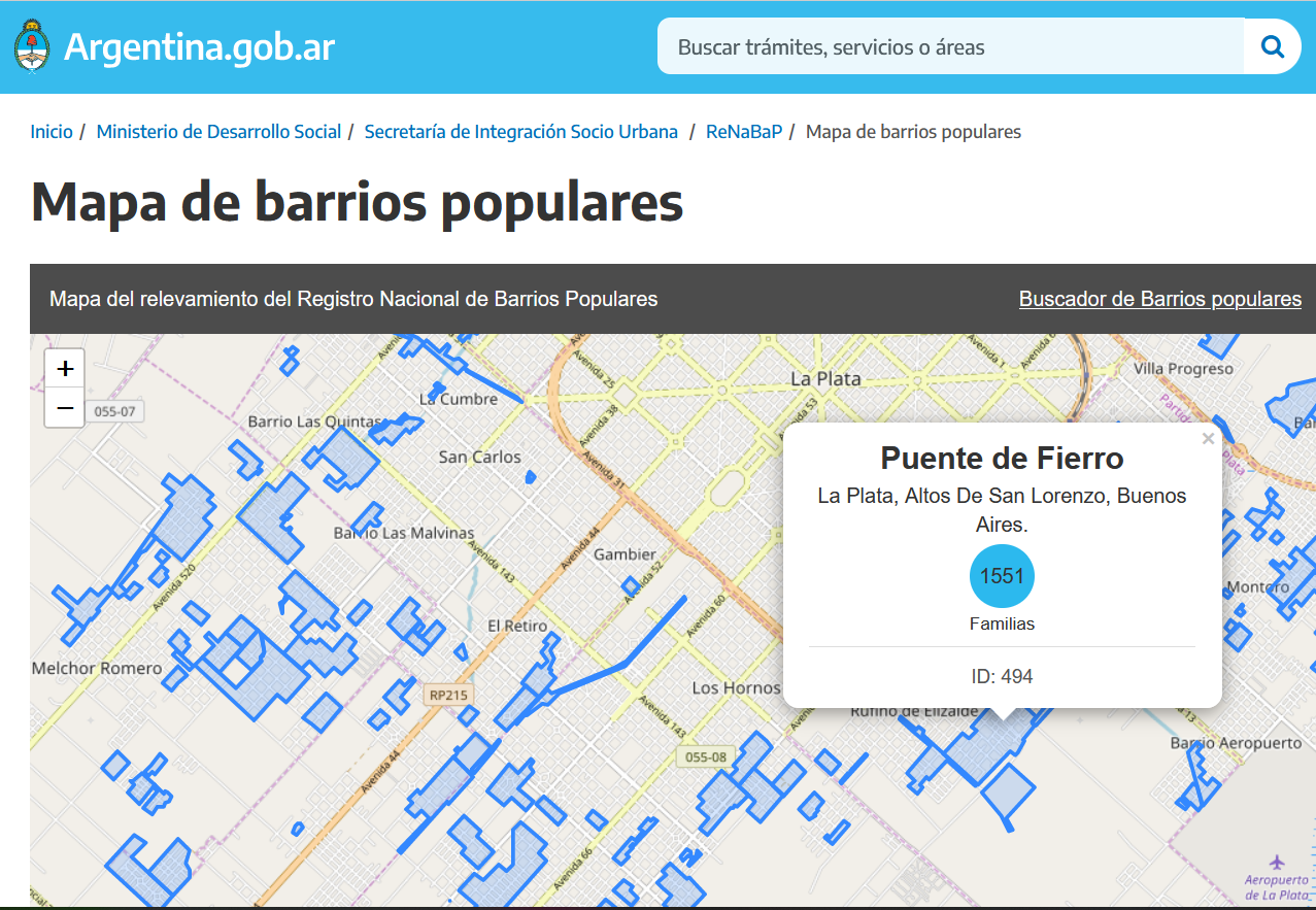 Puente de Fierro en el Mapa de Barrios Populares Argentinos