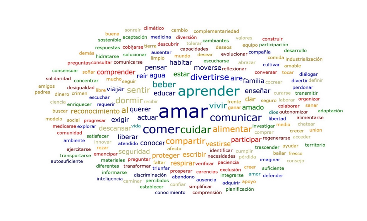 Representación de resultados de encuestas de necesidades en nube de palabras procesado en Atlas Ti