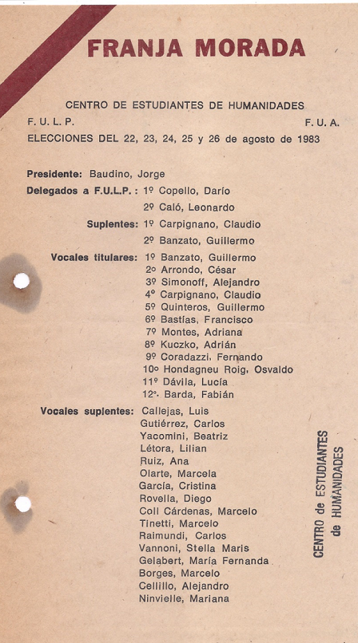 Boleta de Franja Morada Humanidades. Elecciones de 1983