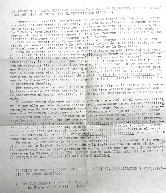 Declaración de Franja Morada de Derecho: sobre las movilizaciones de abril de 1983
