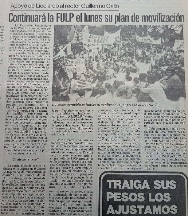 La Federación Universitaria de La Plata planea continuar con la movilización, 15 de abril de 1983