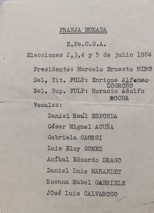 Lista para las elecciones estudiantiles en Periodismo, 1984