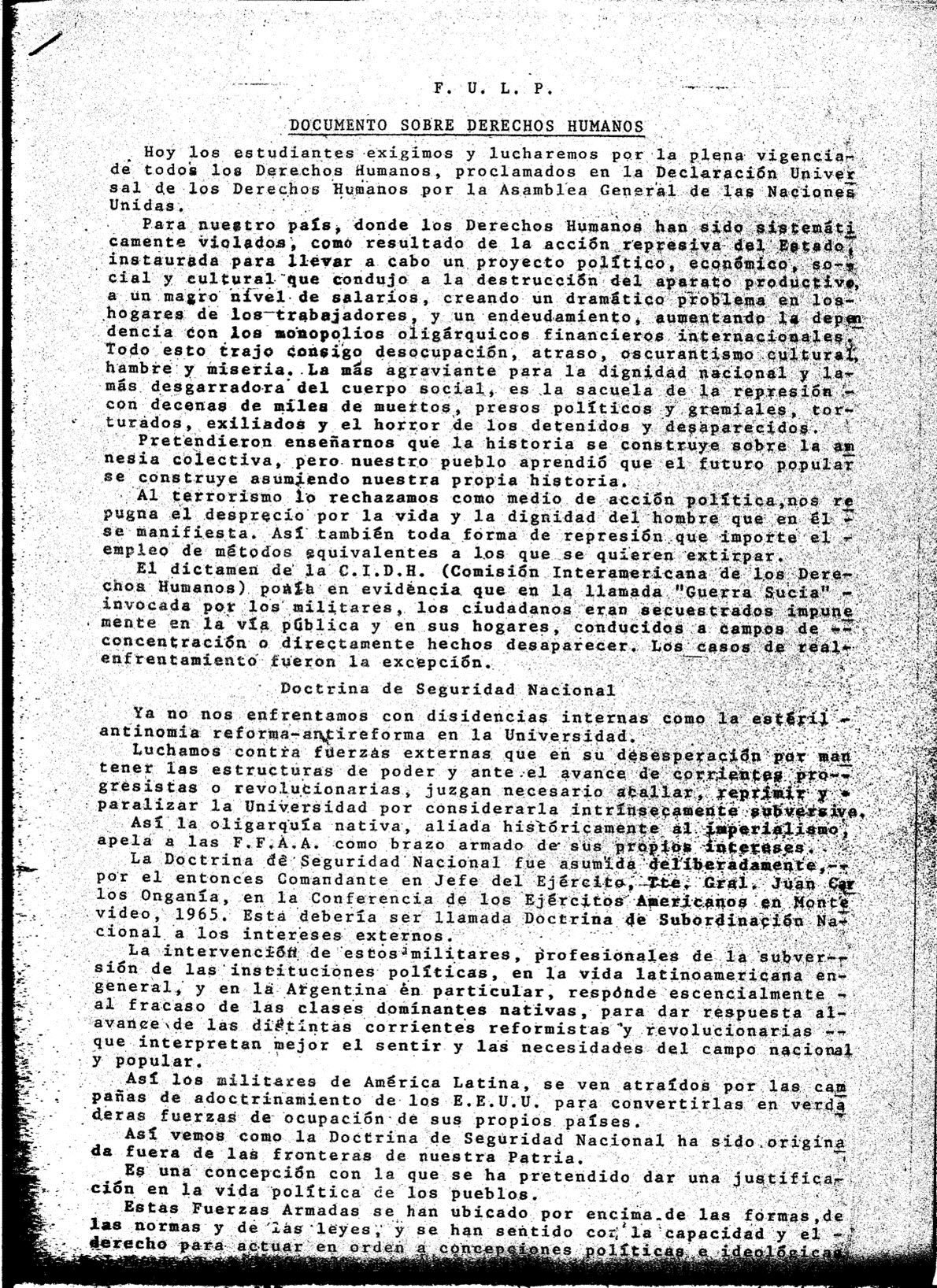 Portada del documento de la Federación Universitaria de La Plata sobre Derechos Humanos, 1984