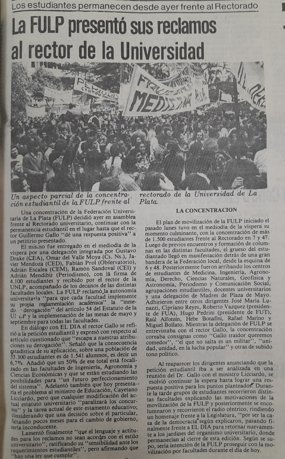 Presentación del Petitorio de la Federación Universitaria de La Plata al Rectorado, 14 de abril de 1983