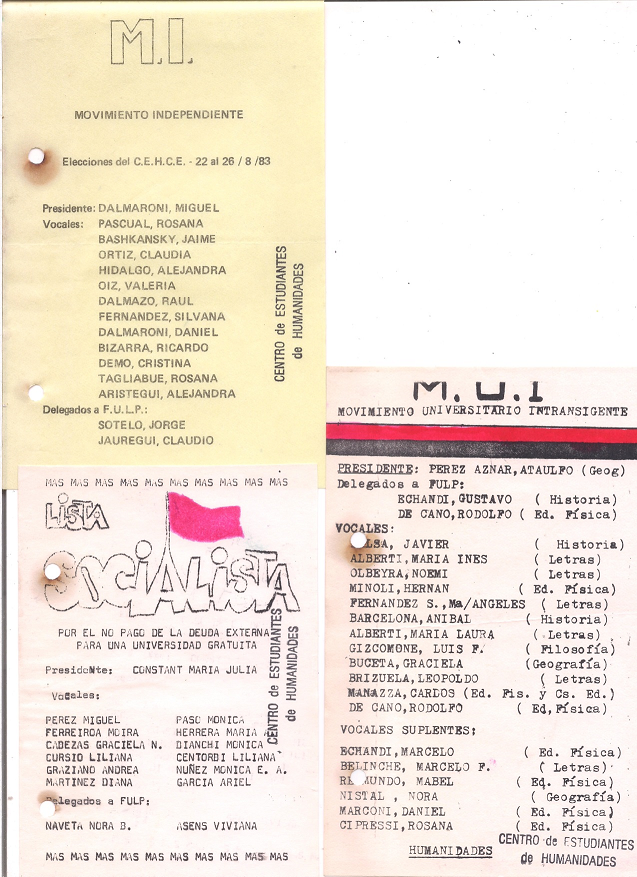 Candidatos estudiantiles de las agrupaciones de Humanidades, elecciones de 1983