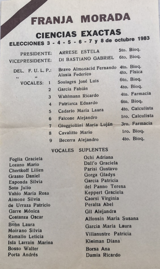 Listas para elecciones estudiantiles, 1983 y 1984