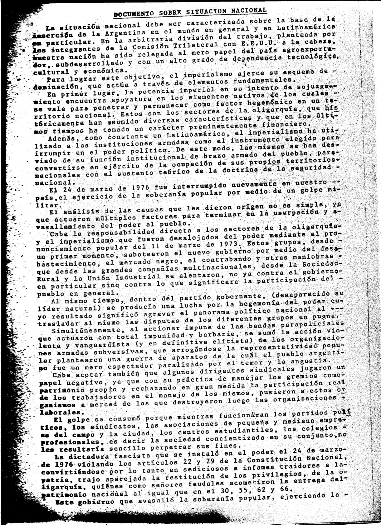 Portada del documento de la Federación Universitaria de La Plata sobre la situación nacional, 1984
