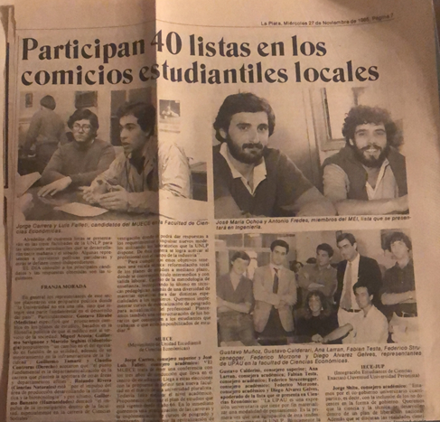 Agrupaciones estudiantiles partícipes de los comicios de 1985