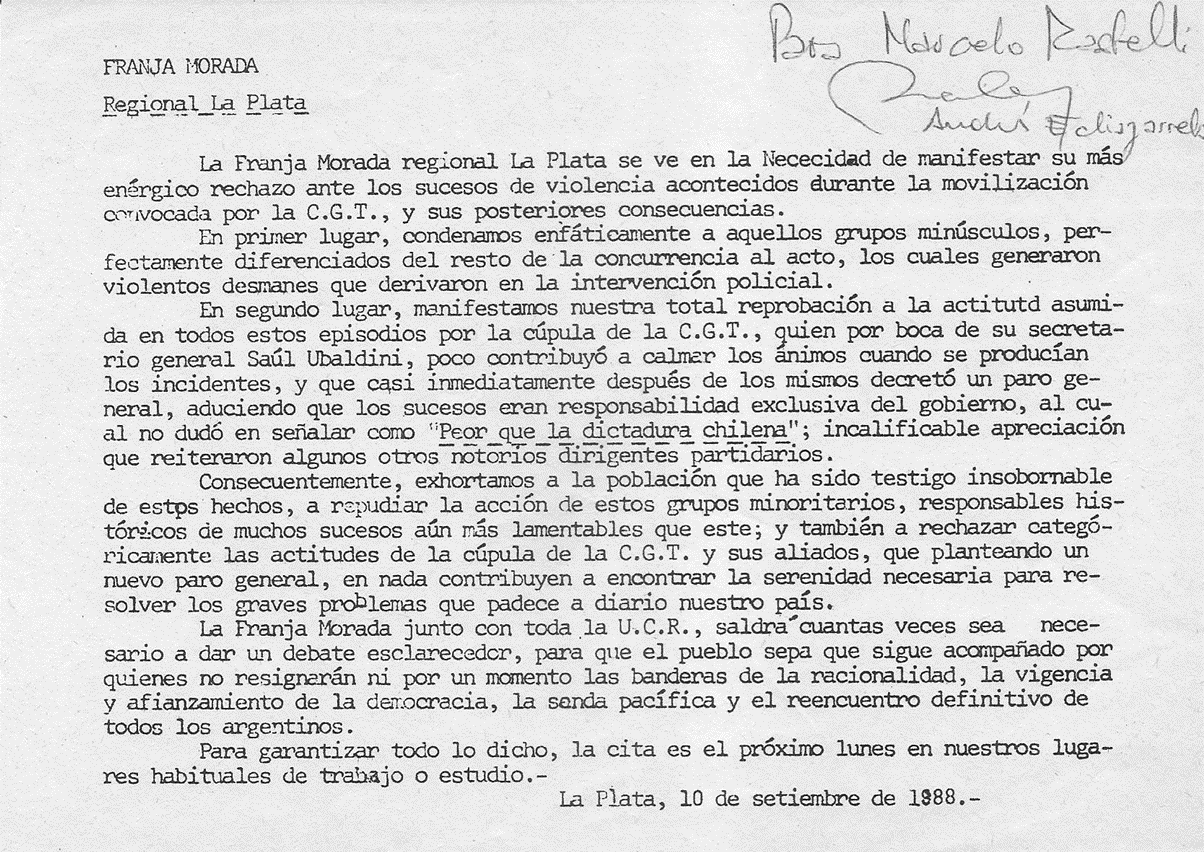 Repudio a la agresión de activistas de la Confederación General del Trabajo a Madres de Plaza de Mayo, 8 de setiembre de 1983